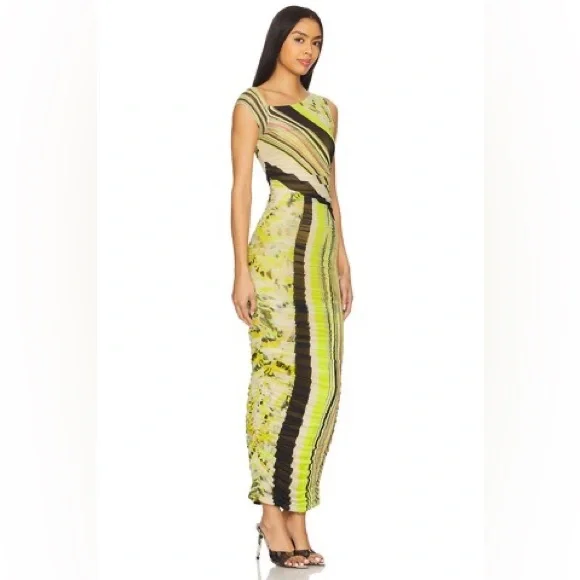 AFRM Biona Striped Ankle Length Bodycon Dress Asymmetrical Neck Ruched Mesh - Picture 2 of 10